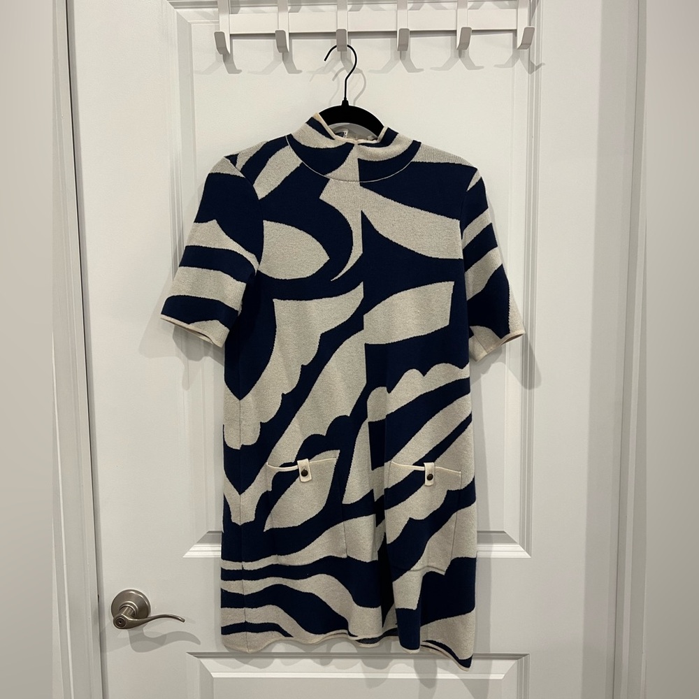 Maeve Navy and Cream Patterned Mini Sweater Dress